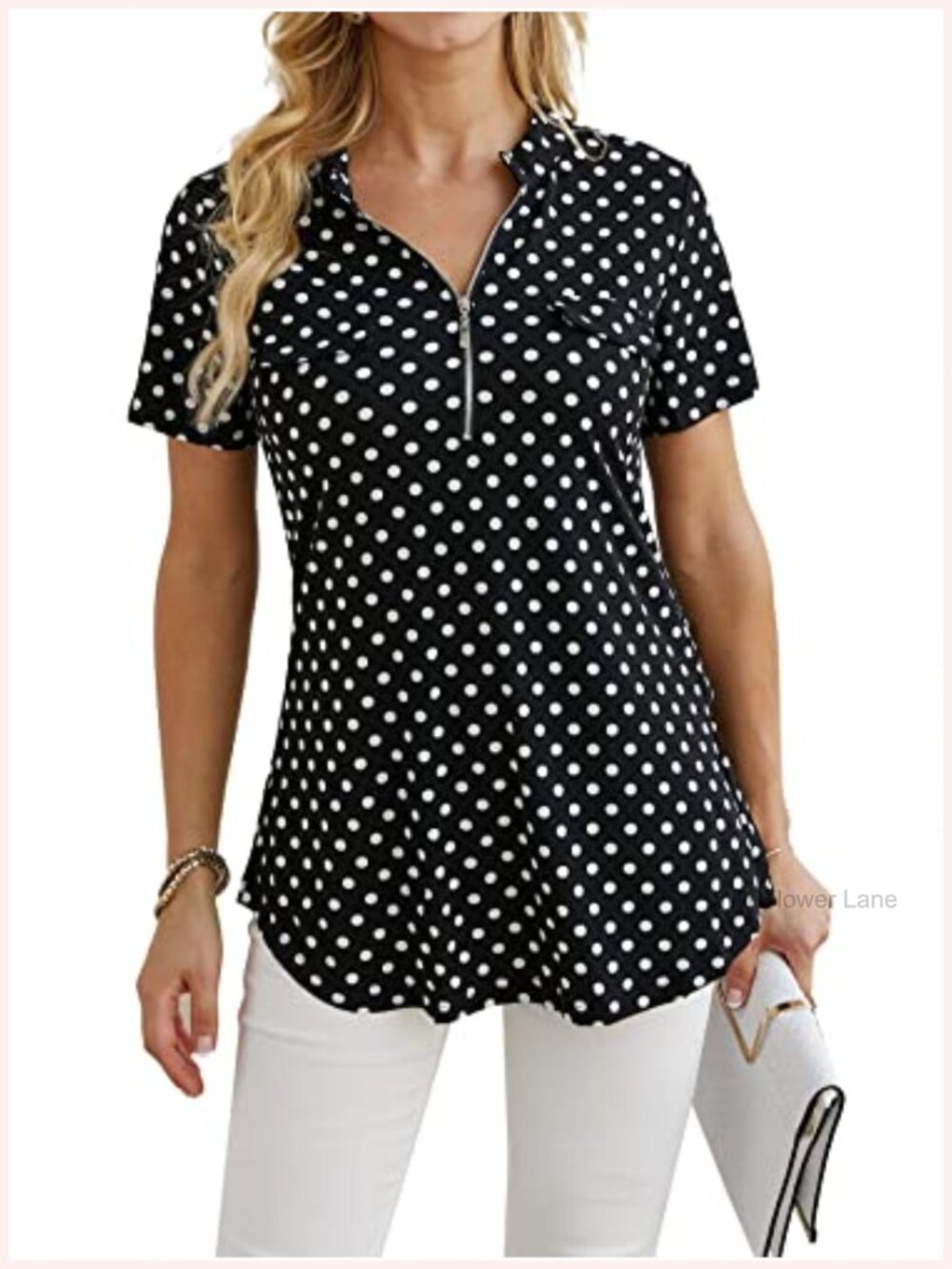 Short Sleeve Zip V-Neck Loose Tunic Blouse Floral Polka Dot Summer Shirt